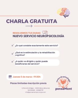 🧠 CHARLA GRATUITA SOBRE NEUROPSICOLOGÍA

Tras anunciar nuestro nuevo servicio de Neuropsicología, muchas personas os habéis acercado a la clínica o nos habéis escrito con dudas 🤍
Por eso, hemos decidido ofrecer una charla gratuita en la que explicaremos de forma clara y cercana en qué consiste la Neuropsicología y resolveremos todas vuestras preguntas.

📅 Jueves 5 de marzo
🕢 19:30 h

🔹 Actividad gratuita
🔹 Plazas limitadas (inscripción previa)

📩 Reserva tu plaza:
info@pensamentpsicologia.com

📞 638 34 27 39