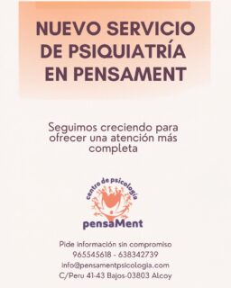 🧠 Nuevo servicio de Psiquiatría

En nuestro compromiso por ofrecer una atención integral a la salud mental, incorporamos un nuevo servicio de Psiquiatría. La coordinación entre psicología y psiquiatría permite ofrecer un acompañamiento más completo, adaptado a las necesidades de cada persona.

Si estás atravesando un momento difícil, necesitas una valoración especializada o quieres complementar tu proceso terapéutico, ahora puedes contar con un equipo coordinado de psicología y psiquiatría en un mismo espacio.

🧡 Cuidar de tu salud mental es una inversión en tu bienestar.

📞 Pide tu cita y te acompañaremos en el proceso.

#Psiquiatría #SaludMental #BienestarEmocional #Psicología #AtenciónIntegral #CuidadoMental #Pensament #Psicólogos #Alcoy