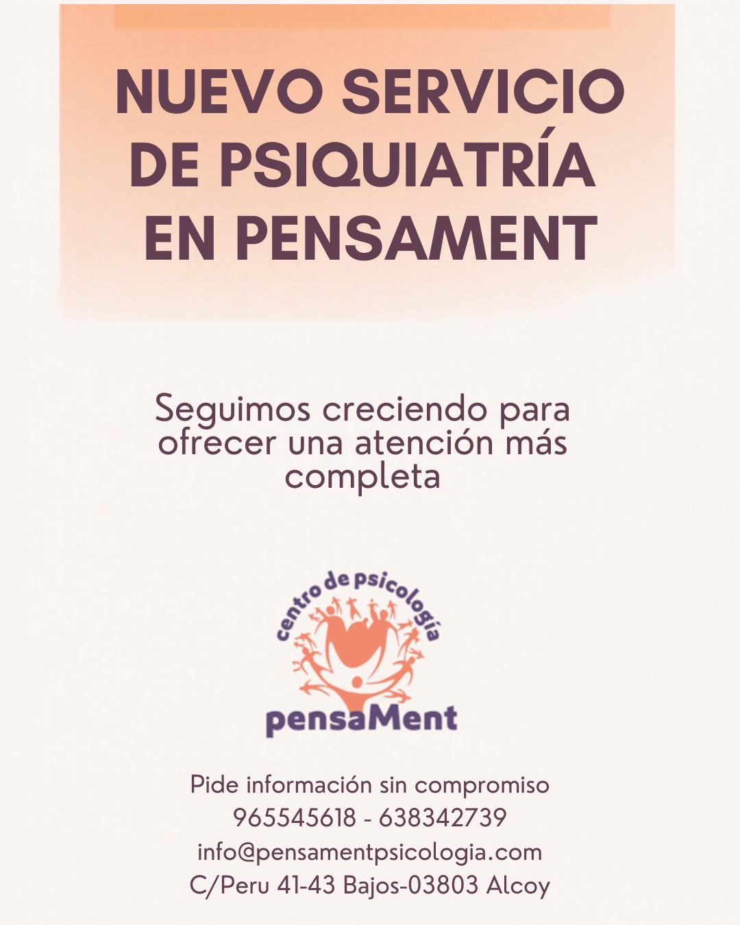 🧠 Nuevo servicio de Psiquiatría

En nuestro compromiso por ofrecer una atención integral a la salud mental, incorporamos un nuevo servicio de Psiquiatría. La coordinación entre psicología y psiquiatría permite ofrecer un acompañamiento más completo, adaptado a las necesidades de cada persona.

Si estás atravesando un momento difícil, necesitas una valoración especializada o quieres complementar tu proceso terapéutico, ahora puedes contar con un equipo coordinado de psicología y psiquiatría en un mismo espacio.

🧡 Cuidar de tu salud mental es una inversión en tu bienestar.

📞 Pide tu cita y te acompañaremos en el proceso.

#Psiquiatría #SaludMental #BienestarEmocional #Psicología #AtenciónIntegral #CuidadoMental #Pensament #Psicólogos #Alcoy