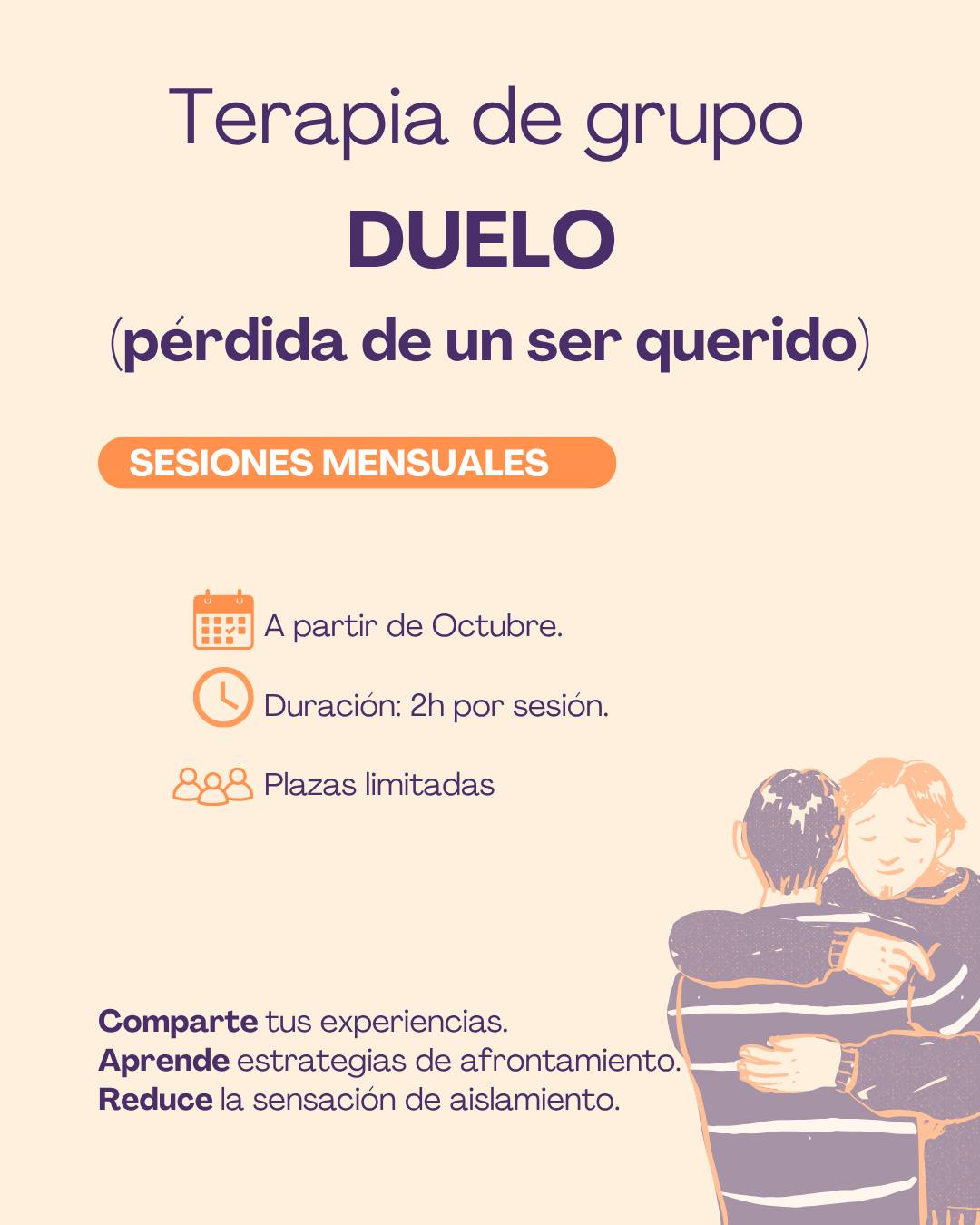 🧠 GRUPO DE DUELO | PensaMent
Atravesar la pérdida de un ser querido puede hacernos sentir que estamos solos, que nadie comprende realmente lo que estamos viviendo o que deberíamos estar «mejor» después de un tiempo.
Pero el duelo no tiene un calendario ni una única forma de vivirse. ❤️🩹
Por eso, en PensaMent ponemos en marcha un grupo de terapia para personas que han perdido a un ser querido, un espacio seguro donde poder:
🤝 Compartir experiencias con personas que están atravesando situaciones similares.
🧠 Comprender mejor el proceso de duelo.
🌱 Aprender estrategias para afrontar las emociones difíciles.
❤️ Sentirse acompañado y reducir la sensación de aislamiento.
📅 Comenzamos en octubre
⏰ Sesiones mensuales de 2 horas
👥 Plazas limitadas
Si estás atravesando un duelo y crees que este espacio puede ayudarte, puedes ponerte en contacto con nosotros para recibir más información.
📲 638 342 739
🌐 pensamentpsicologia.com
#Duelo #TerapiaDeDuelo #Psicología #SaludMental #Pérdida #Acompañamiento #TerapiaDeGrupo #PensaMent #Alcoy #Alcoi