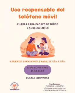 📱 ¿Cómo enseñar a nuestros hijos a utilizar la tecnología de forma saludable?
Queremos protegerles, pero también darles autonomía. Poner límites sin convertir cada día en una batalla y, sobre todo, enseñarles a hacer un uso responsable, seguro y saludable de la tecnología.
Por eso hemos preparado esta charla para familias: para resolver dudas y ofrecerte herramientas prácticas para el día a día.
📅 12 de noviembre
🕢 19:30 – 21:00 h
📍 Centro de Psicología PensaMent · Alcoy
🎟️ Plazas limitadas
📲 Inscripciones: 638 342 739 - info@pensamentpsicologia.com