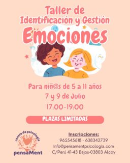 🌈 ¡Aprender a entender las emociones también se enseña! 🌈

En este taller, los niños y niñas de 5 a 11 años descubrirán cómo identificar lo que sienten, expresar sus emociones de forma saludable y desarrollar herramientas para gestionar situaciones del día a día.

🧡 Actividades dinámicas, juegos y aprendizaje emocional adaptado a su edad.

📅 7 y 9 de julio
🕔 De 17:00 a 19:00 h
📍 Centro de Psicología PensaMent (Alcoy)

✨ Plazas limitadas. 

📞 965 545 618 | 638 342 739